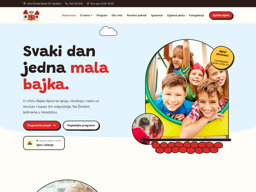 Full home page of the Bajka kindergarten website